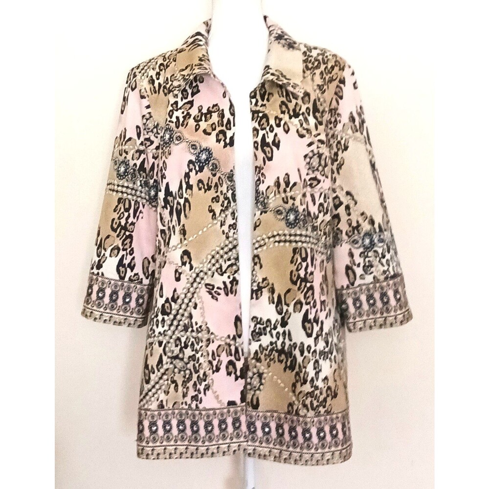 City Girl Animal Print Mid Length Jacket Bling Trim Lined 3/4 Sleeve Sz L